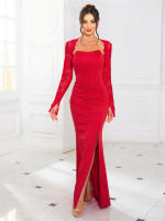 Vestido De Noche De Corte Mermaid Romagic Sin Espalda De Encaje Largo Manga Larga Sin Mangas Para Fiesta De Premio Traje De Baño Con Capa Desmontable - details 7