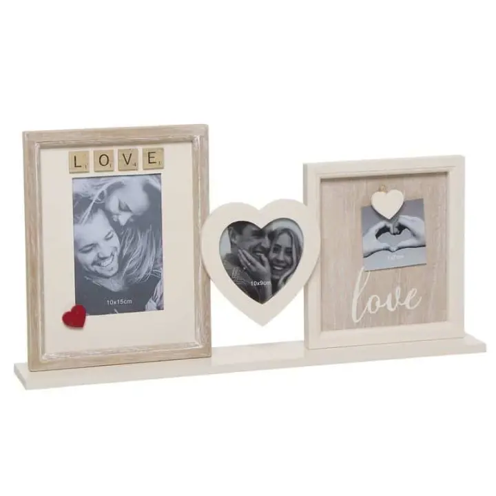 Portafotos multiple con espacio para una foto de 10 x 15 cm, 10 x 10 cm en forma de corazón y otra de 7 x 7 cm  - Fabricada con madera blanca y natural decorada con la palabra “LOVE” con letras de madera tipo Scrabble - 1