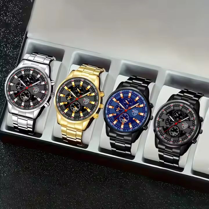 Reloj De Pulsera Para Hombre DEYROS 4 Piezas Estilo Deportivo Sencillo Moda Casual Regalo Ideal Para Padre Material De Acero Inoxidable Resistente Al Agua - 1