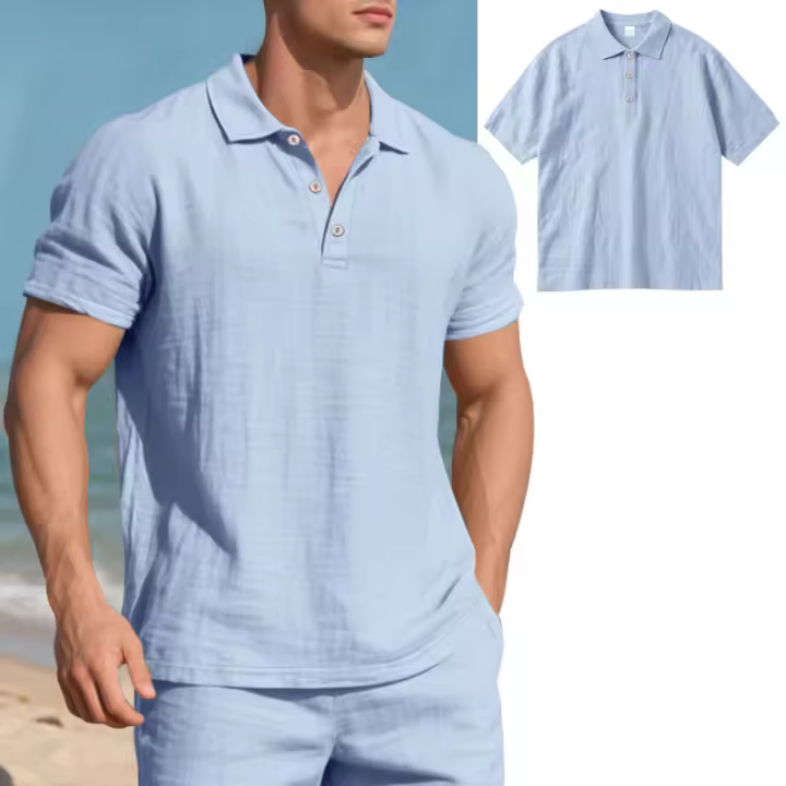 Camisa POLO de manga corta con solapa y botones, informal, de lino, transpirable, estilo británico, de verano para hombre - 1