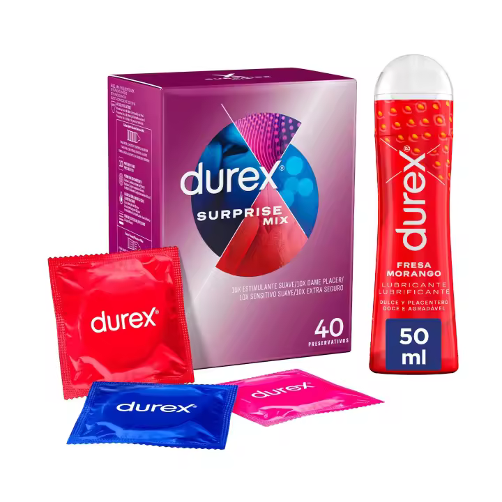 Durex - Surprise Mix 40 Condones Surtidos + Lubricante Fresa  50ml, Dame Placer, Sensitivo Suave, Extra Seguro y Estimulante Suave - 1
