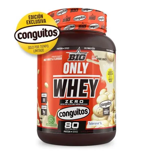 BIG - Proteínas Whey en Polvo para Masa Muscular y Recuperación, Máxima Calidad, Materia Prima Premium Patentada, Sin Lactosa, Sin Azúcar, Sin Grumos (1Kg, Conguitos Original y Conguitos Blancos) - 1