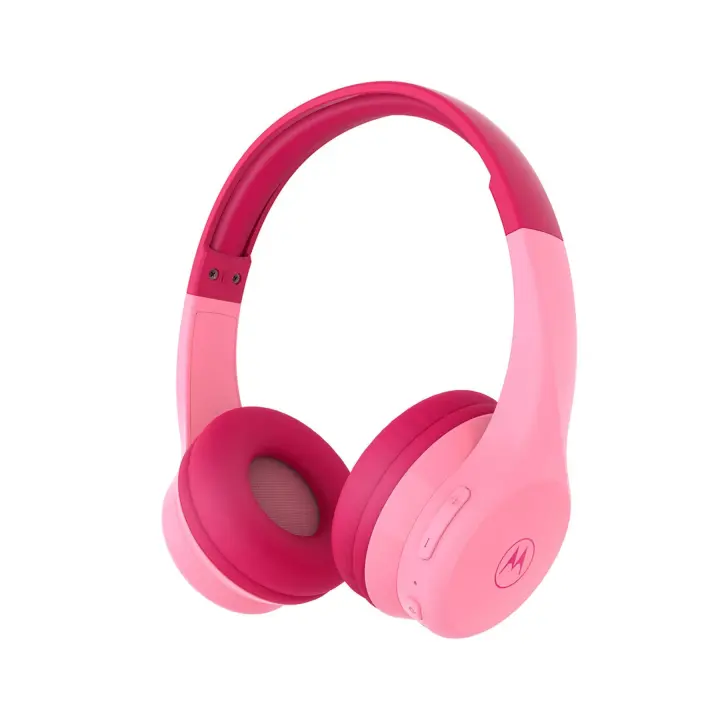 Motorola Moto JR300 - Auriculares Bluetooth para niños con micrófono, Ligeros, con limitador de Volumen de 85 dB, Divisor de Audio para Compartir, Ideales para la Escuela, Viajes, Juegos, Color Rosa - 1