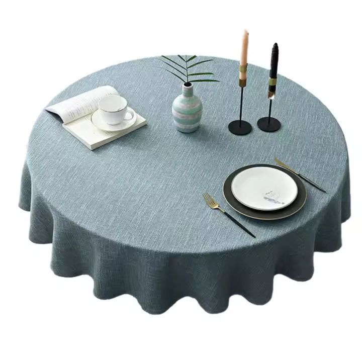 Mantel, 140cm Mantel de Algodón y Lino, Azul-Verde - 1