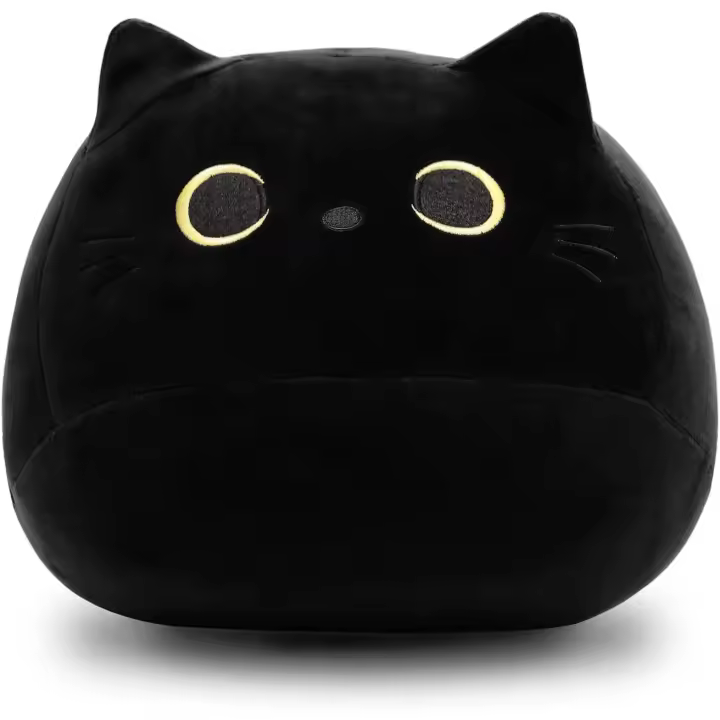 Almohada de juguete de peluche de gato negro, juguete de peluche de gato negro gordo. - 1
