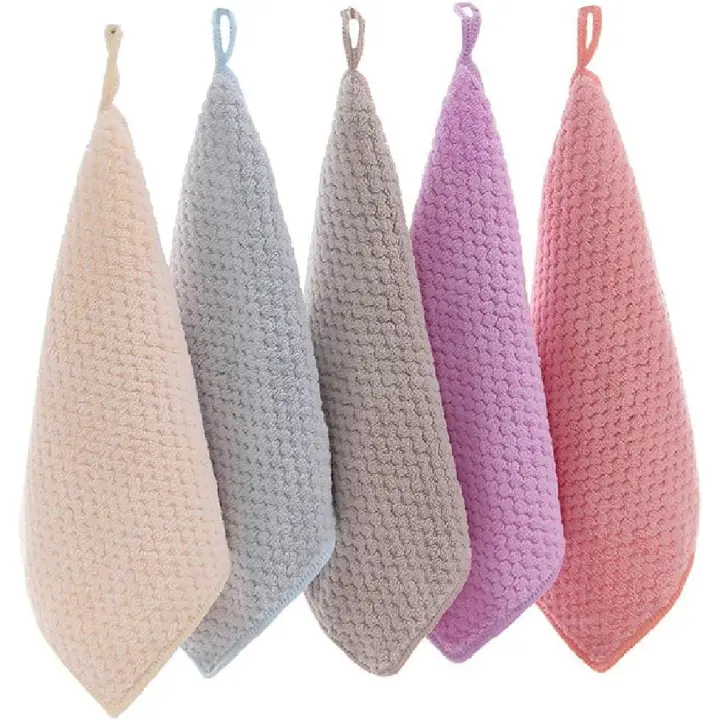 Toalla de mano de 5 piezas con lazo, toalla de mano de Seco para Cocina, toallas de mano cuadradas FINAS para Colgar para Cocina y baño (5 colores) - 1