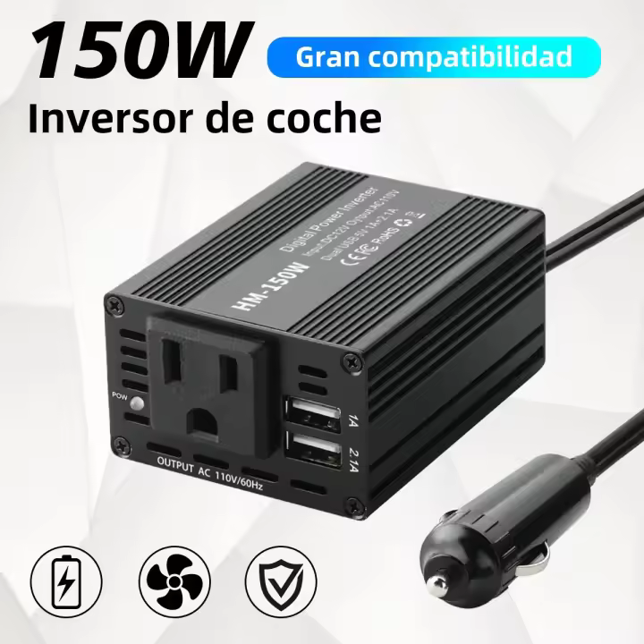 Inversor De Potencia Para Coche 150W Onda Senoidal Pura Enchufe Estadounidense Salida 110V 1A / 2.1A Puerto USB Carga Rápida Adaptador De Voltaje Multifuncional - 1