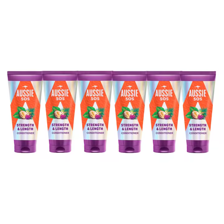 Aussie SOS Strength & Length Acondicionador Suaviza Y Fortalece El Pelo Largo, Débil Y Quebradizo. Nutre El Cabello Frágil Y Ayuda A Prevenir Las Puntas Abiertas Y Los Daños Del Peinado. Vegana.  6 unidades de200ml - 1