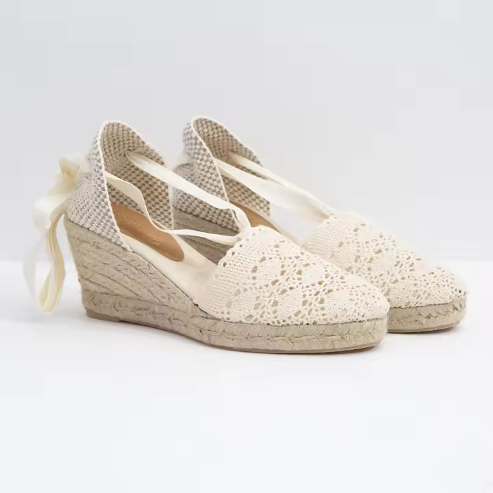Alpargatas de Cuña Beige Tejido Crochet con Cintas de Algodón - 1