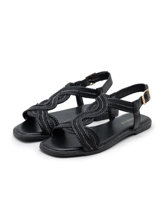 Sandalias planas de verano para mujer con cristales y piel sintética brillante con estampado de verano para fiestas y vacaciones - 1