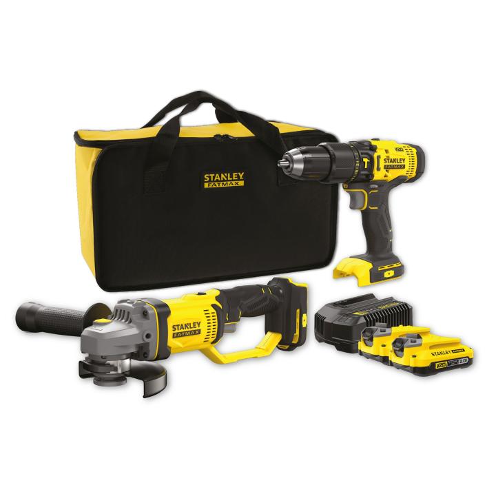 COMBO KIT V20 Li-Ion 18V: Taladro Percutor SFMCD711 + Mini-Amoladora SFMCG400 con 2 baterías Li-Ion 2Ah y bolsa de transporte | STANLEY SFMCK471D2S-QW
