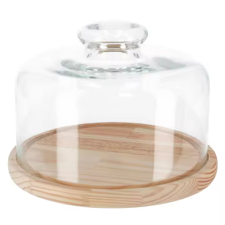Tradineur - Quesera redonda con base de madera y tapa de cristal, recipiente para guardar quesos o embutidos, presentación de alimentos, 19,3 x 9 cm - 1