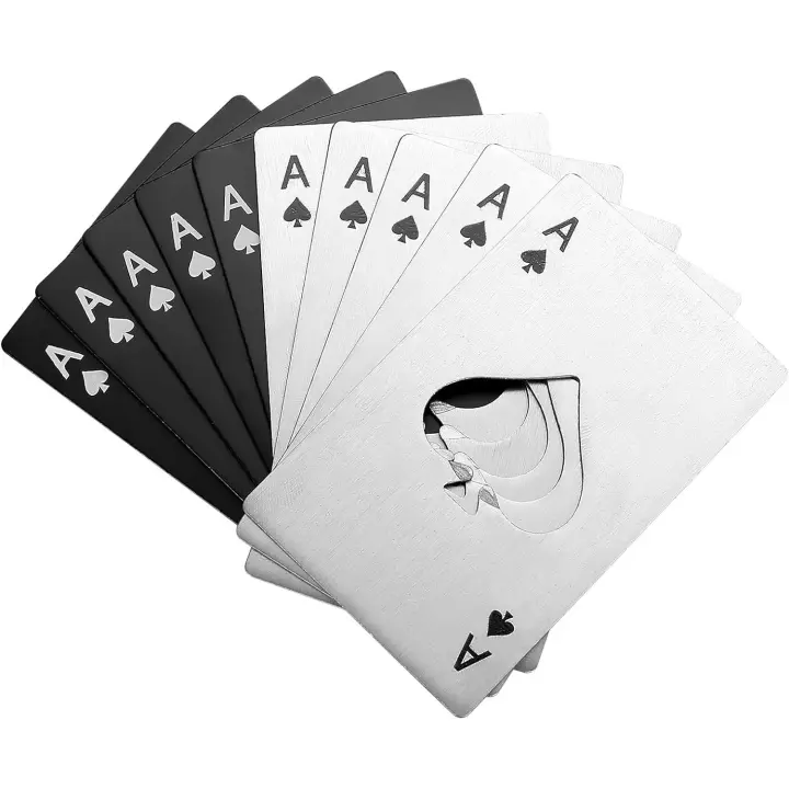 Abridores de botellas de 10 piezas, abridores de latas de tapas de cerveza de acero inoxidable, abridores de botellas de agua con tarjetas Ace of Spades A de póquer, abridores de botellas tipo billetera - plateado - 1