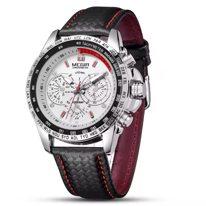 Reloj De Pulsera De Cuarzo Para Hombre MEGIR Moda Resistente Al Agua Con Correa De Cuero Negro Lujo Y Casual Estilosólido - 1