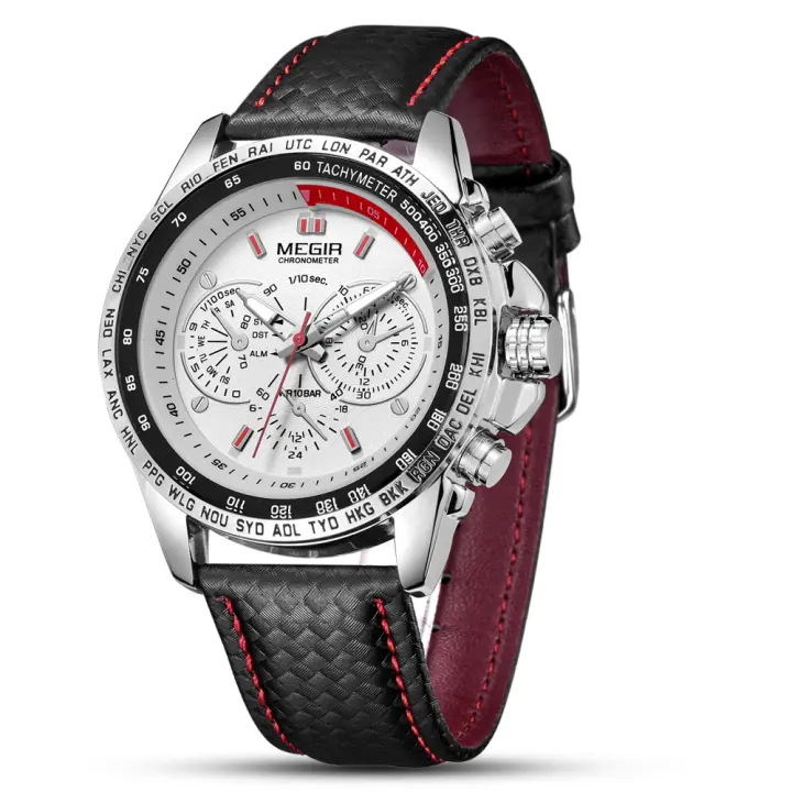 Reloj De Pulsera De Cuarzo Para Hombre MEGIR Moda Resistente Al Agua Con Correa De Cuero Negro Lujo Y Casual Estilosólido - 1