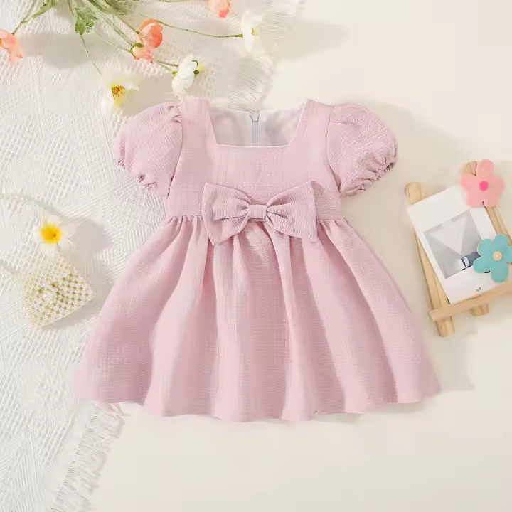 Vestido De Verano Para Bebé Niña En Color Sólido Con Cuello Redondo Y Lazo Para Uso Diario De Longitud De Rodilla - 1