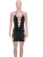 Beyprern Vestido Mini De Crystals Negro Con Lámpara Y Corte En X Para Mujer Verano Espalda Descubierta Con Lentejuelas Traje De Noche Para Cumpleaños - details 0