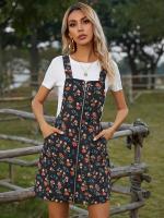 Vestido A-lineas De Felpa Con Estampado Floral Y Cremallera Frontal Para Mujer Vestido De Rodilla Casual Estampado Floral - details 2