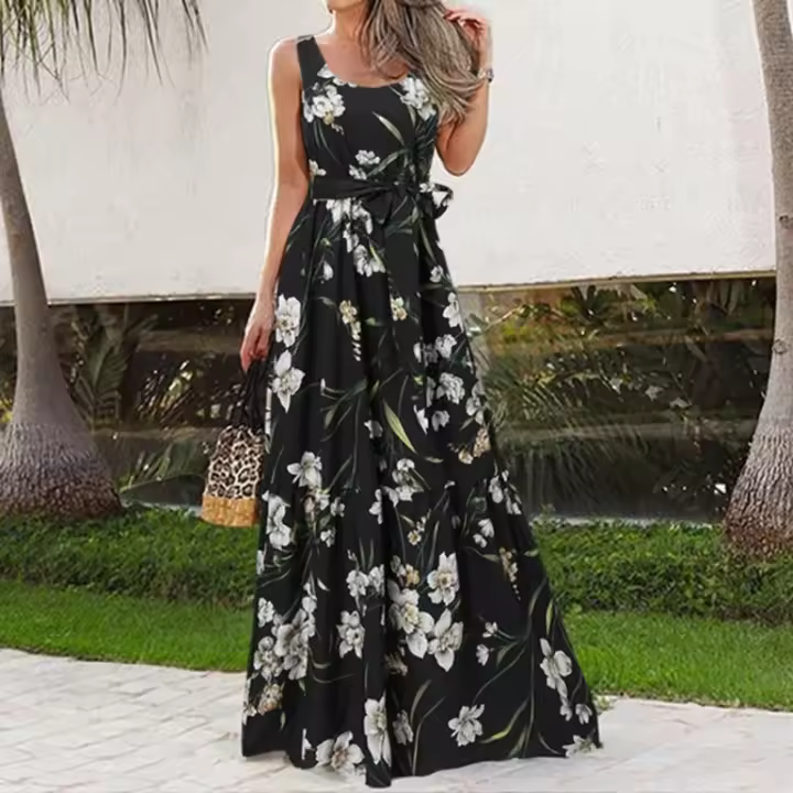 Vestido Largo Impreso Sin Mangas Para Mujer Elegante De Verano Primavera Con Cinturón Estilo Casual Playa Vacaciones - 1