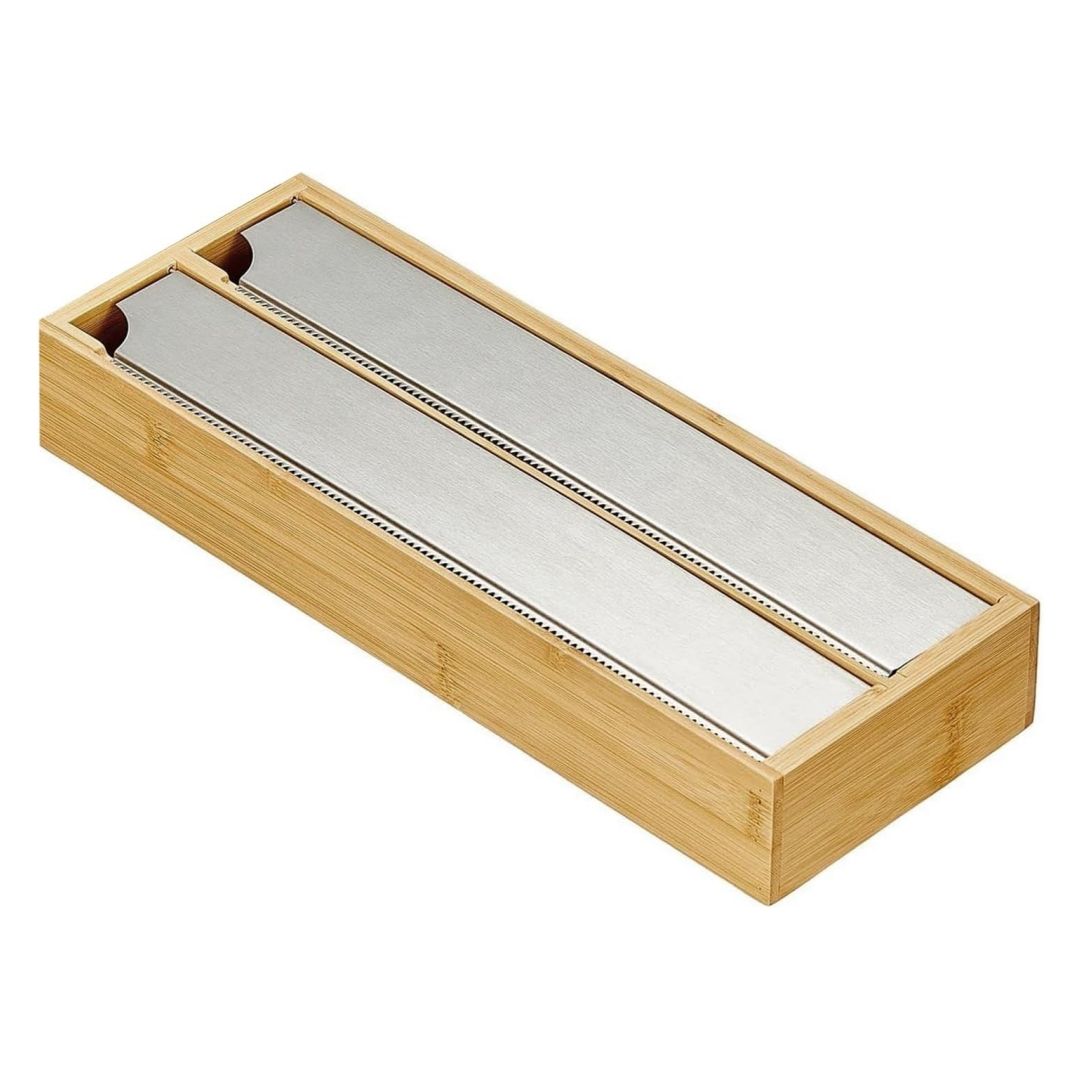 MAXHOME-Dispensador Quttin Bambú Doble De Papel De Aluminio 2 Compartimentos Con Cantos,En Forma De Sierra Ideal Para Organiza 33,5 X 13 X 5,5 Cmr Rollos De Papel De Aluminio y Film Transparente,Hecho De Bambú y Acero Inoxidable