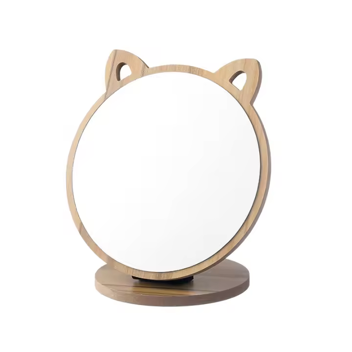 Espejo de maquillaje, espejo de mesa, espejo pequeño, forma de oreja de gato, espejo de maquillaje, espejo de maquillaje vertical de madera, marco de madera con base de madera - 1