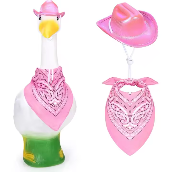 Trajes de ganso rosa para porche con sombrero vaquero brillante para estatua de ganso de cemento de 58 cm/43 cm, ropa de ganso para decoración de jardín al aire libre - 1