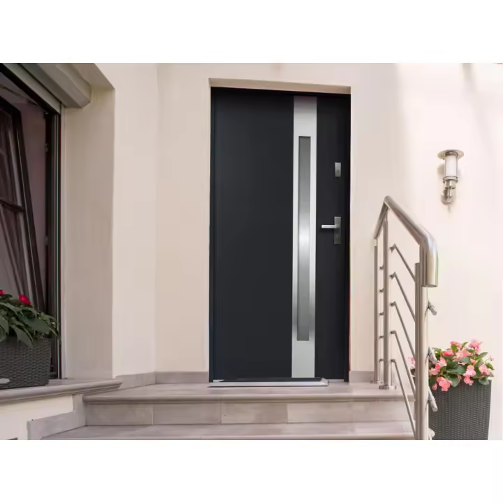Vente-unique - Puerta de entrada de acero acristalada con inox Alt. 207 x Ancho 100 cm antracita - se abre hacia la izquierda BRAGA - 1