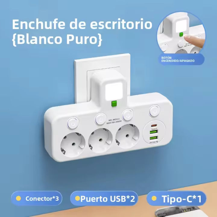 Enchufe De Pared Con Multiple De Corriente AC Y USB Tipo C Con Filtro De Red Y Interruptor Separado Adaptador Luz Universal EU Plug - 1