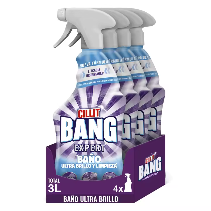 Cillit Bang - Spray Baño ultra brillo y limpieza, fórmula biodegradable - 4 sprays de 750ml - 1