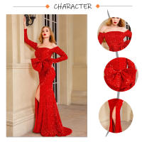 Vestido De Fiesta Larga Rojo Con Lazo Y Lentejuelas Para Mujer Vestido De Noche Para Bodas Y Premiaciones De Corte Sirena Con Mangas Largas Y Abertura Lateral - details 1