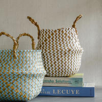 Bolsa De Almacenamiento Bohemia De Paja Con Estampado Rayado Y Florales Hecha a Mano Plegable Para Ropa Jardín Maceta - details 8