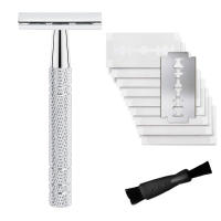 Afeitadora De Seguridad Doble Faja Para Hombres Con 10 Hojas De Afeitar Reutilizable Essencial Para Viajes Cabeza De Afeitar De Aleación De Zinc Mango De Aluminio Acero Inoxidable - details 5