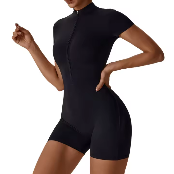 European and American nude one-piece yoga suit with stand up collar, half zipper, short sleeved fitness jumpsuit, tight fitting - 1