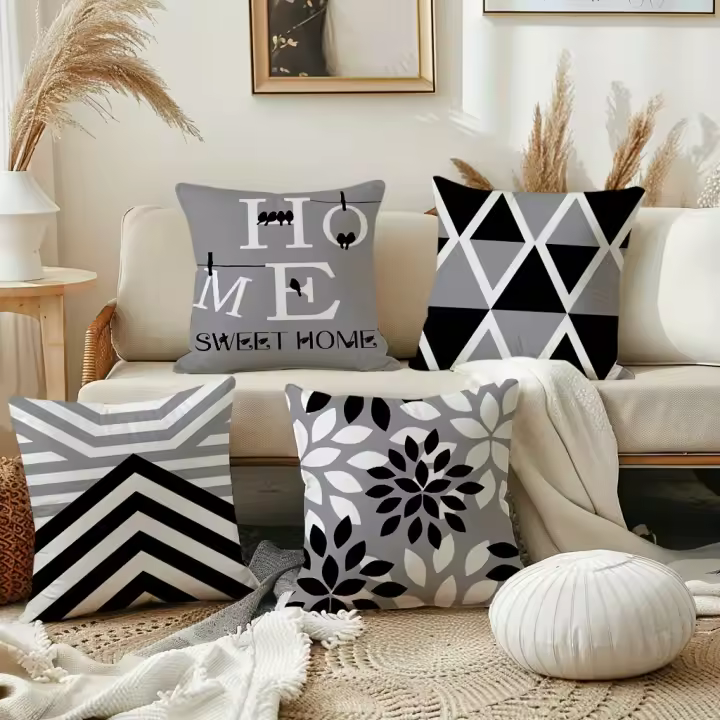 4 Unidades gris y Negro Geométrico Patrón Cojines Tapas, Cuadrados Coche sofá Almohadas para el hogar Sala siesta - 1
