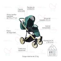 Carrito Montes Verde Glitter Dorado 2 piezas AdaBaby, Dos piezas: capazo y silleta, Bolso, cobertura de lluvia, mosquitera, botellero y cubrepiés, Silleta hasta 22kg, plegable con el chasis en ambos sentidos, Tejidos de ecopiel y capotas de brillo - details 1