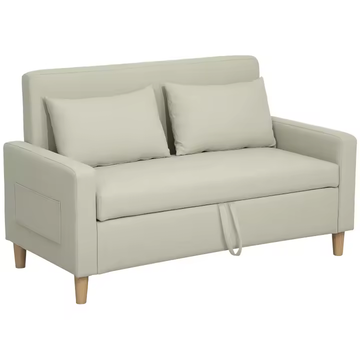 HOMCOM Sofá de 2 Plazas Tapizado en Lino Sintético Sofá de Salón con 2 Almohadas Espacio de Almacenamiento Oculto Bolsillo y Patas de Madera Sofá Pequeño Carga 240 kg 135x72x84 cm Beige - 1