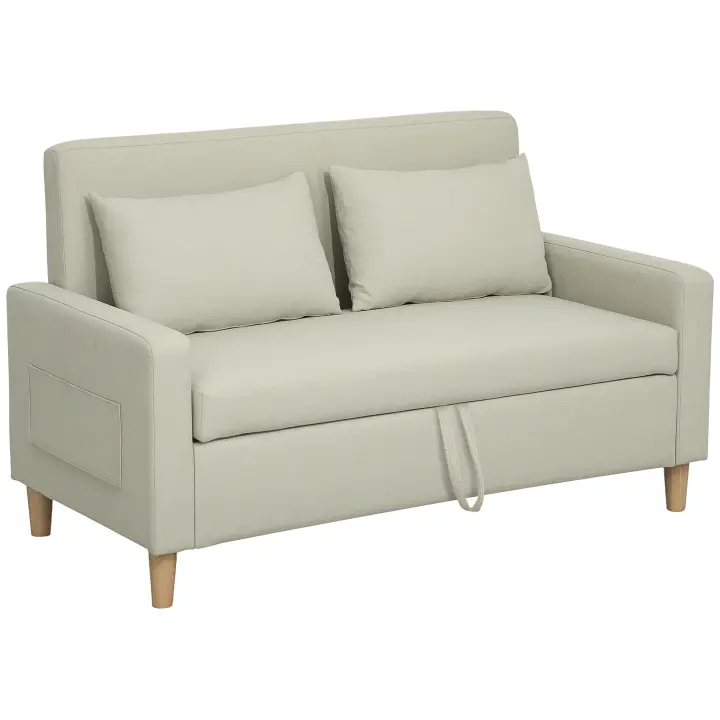 HOMCOM Sofá de 2 Plazas Tapizado en Lino Sintético Sofá de Salón con 2 Almohadas Espacio de Almacenamiento Oculto Bolsillo y Patas de Madera Sofá Pequeño Carga 240 kg 135x72x84 cm Beige - 1