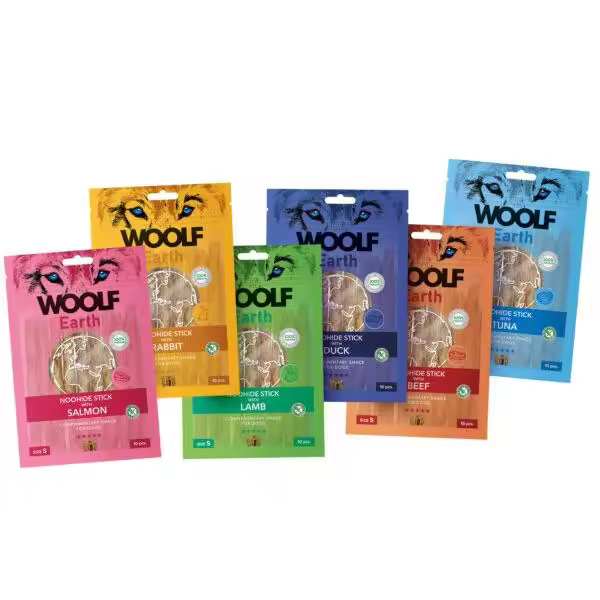 Pack 6 bolsitas de snacks naturales para perros Woolf Earth, con 6 sabores distintos M - 1