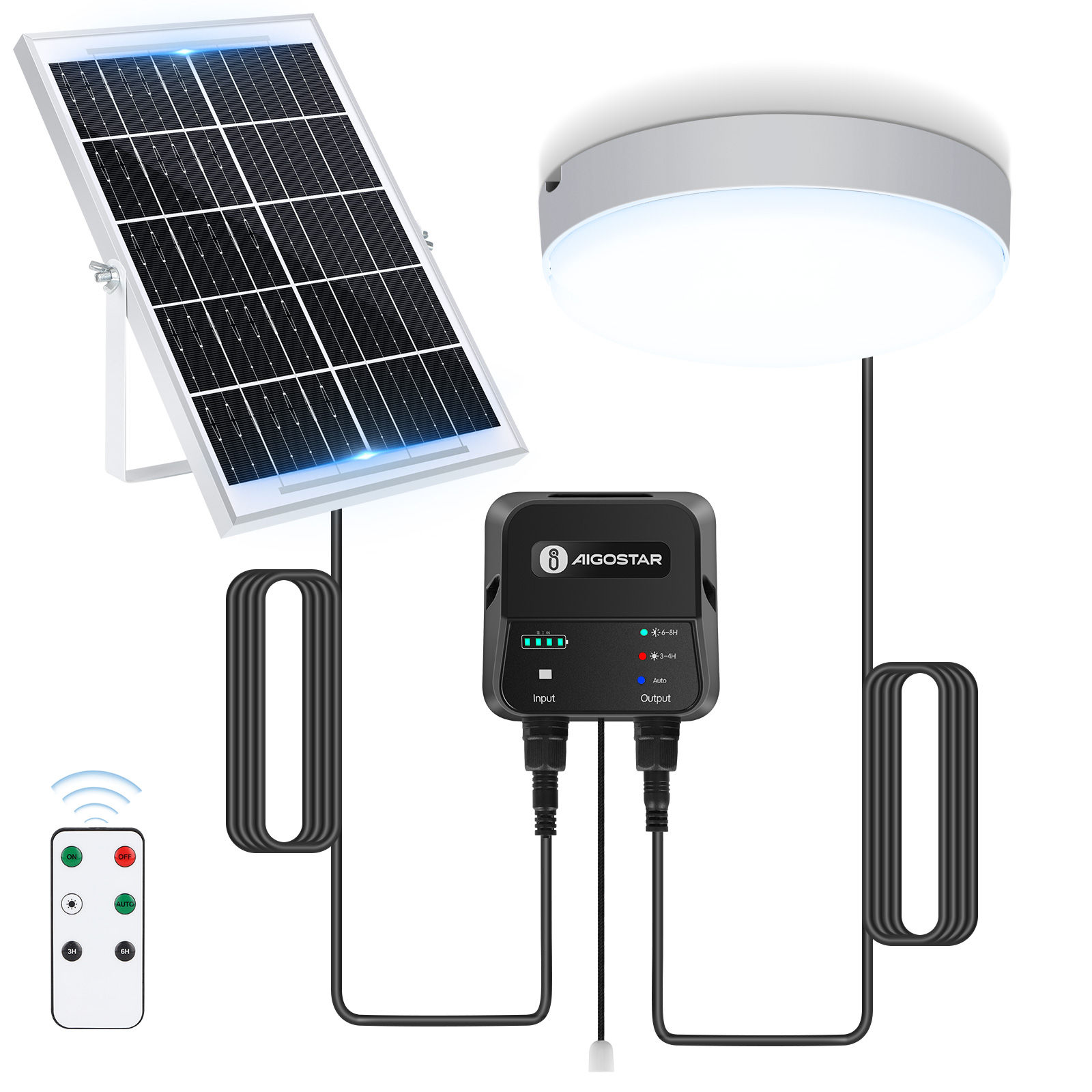 Aigostar Luz Solar Exterior con Sensor 35W Plafón LED Techo Solar Interior con Caja de Almacenamiento de Energía, Mando a Distancia, IP65 Impermeable, Cable de 8m, Ajustable 6500K