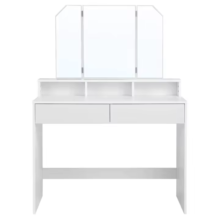 Tocador con Espejo Plegable, Espacio de Almacenamiento, Mesa de Maquillaje Moderna con 2 Cajones, 3 Compartimentos, Color Blanco - 1