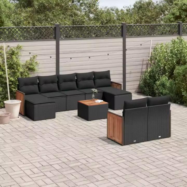 vidaXL Set de sofás de jardín 10 pzas cojines ratán sintético negro - 1