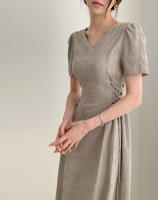 Vestido Largo De Algodón Y Lino Para Mujer Estilo Retro Vintage Con Manga Corta Diseño Sólido A-Line Cuello V Moda De Oficina - details 28