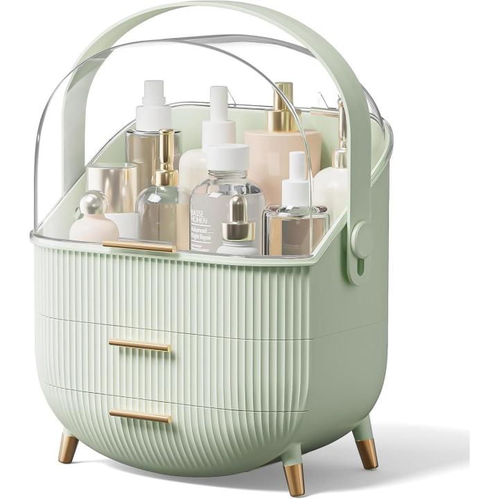 Vitrina grande para maquillaje con compartimento de almacenamiento de dos niveles y tapa transparente, tocador (verde menta)