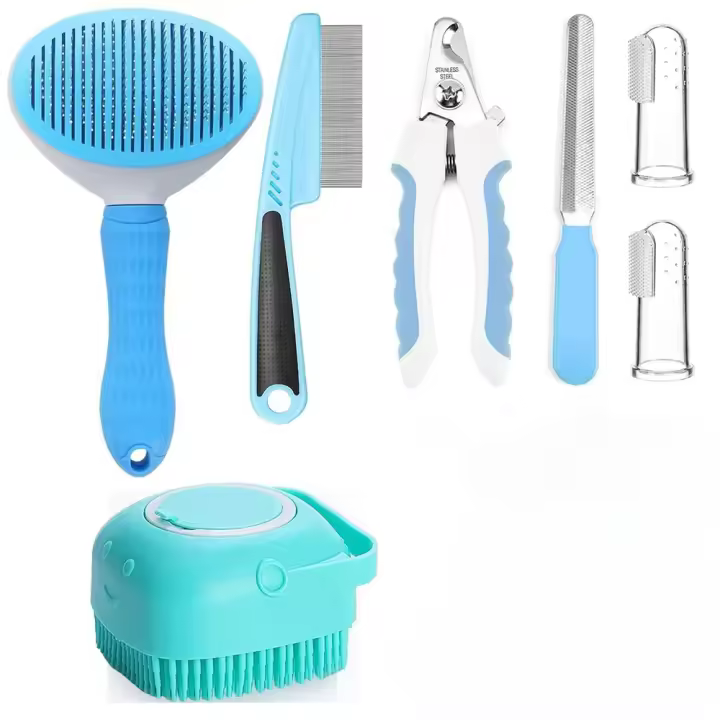 Set De 7 Piezas Para Baño De Mascotas Con Cepillo Para Gatos Y Perros Incluye Afilador De Uñas Y Cepillo Para Pecho De Perro - 1