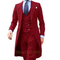 Traje De Novio Azul Real Con Cuello Largo 3 Piezas Para Hombre Moda Elegante Traje De Tuxedo Con Chaleco Y Pantalones Para Bodas Y Bailes - details 1
