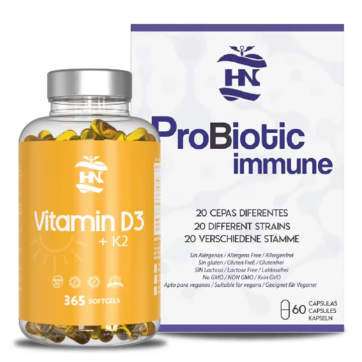 HN - Healthy Nutrition - Pack Vitamina D3 & Probiotic Immun - Sistema Inmune - 365 Cápsulas de vitamina D3 K2 – Vitamina D (5000 UI) altamente concentrada.  Probioticos y Prebioticos Intestinales. 100 mil millones de UFC 60 Capsulas Mezcla de 20 cepas. - 1