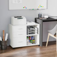 HOMCOM Armario de Oficina con Espacio para Impresora Multifuncional con 3 Cajones Estante Ajustable Ruedas Gran Capacidad de Almacenaje 80x40x65 cm Blanco - details 1