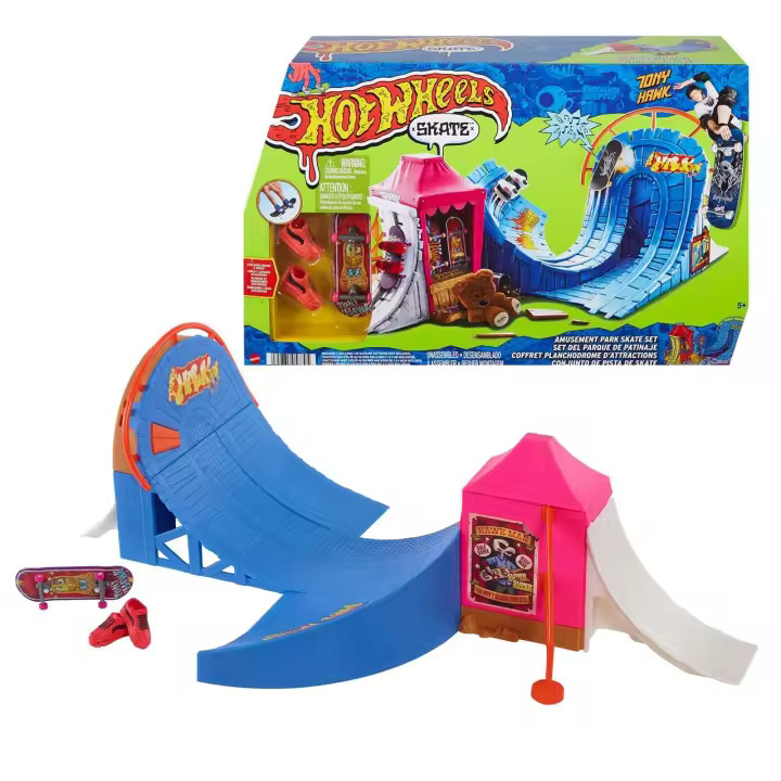 Hot Wheels Parque de skate de atracciones Set de juego con monopatín de juguete y zapatillas para dedos. +5 años (Mattel HGT95) - 1
