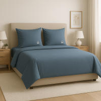 Set 3pc cama (Funda nórdica 260x240cm + 2 Fundas de almohada 63x63cm) en azul oscuro y beige 70% Algodón+ 30% Poliéster - details 1