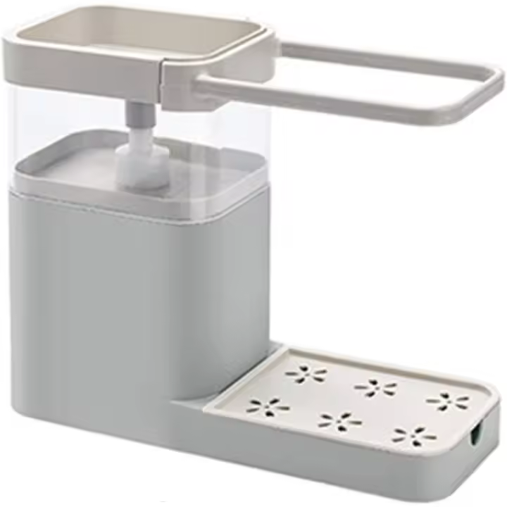 Dispensador de jabón para fregadero - Dispensador de esponja para lavavajillas con bomba manual - Organizador para fregadero de cocina o baño - Plástico gris - - 1